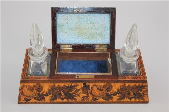 A Tunbridge ware rosewood and floral mosaic sewing / scent bottle stand, 9in.
